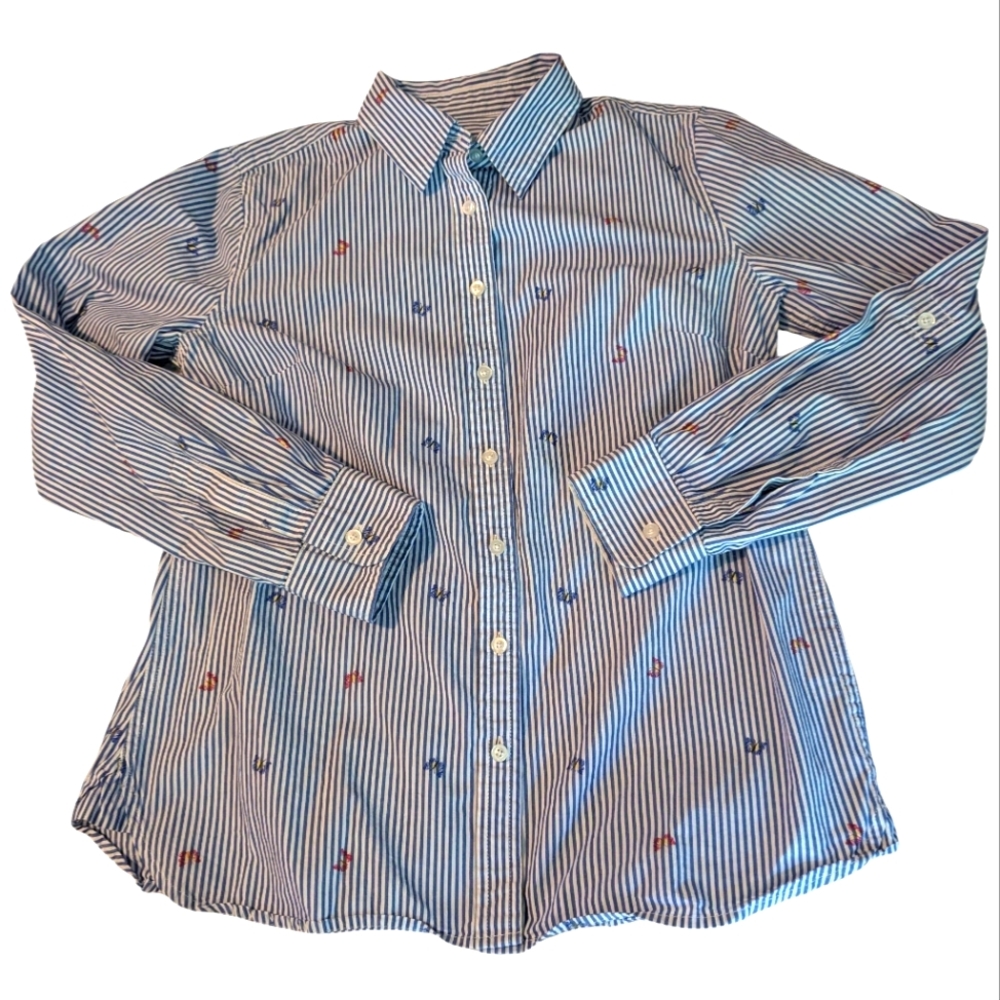 Talbot's Blue White Striped Butterfly Print Cotton Women's Top Size Petite